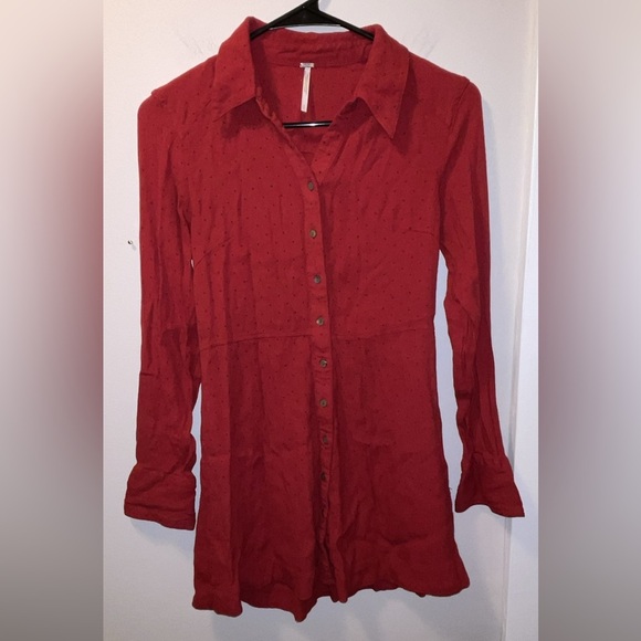 Free People This Town Red Long Sleeve Button-Down Shirt Dress - Picture 3 of 7